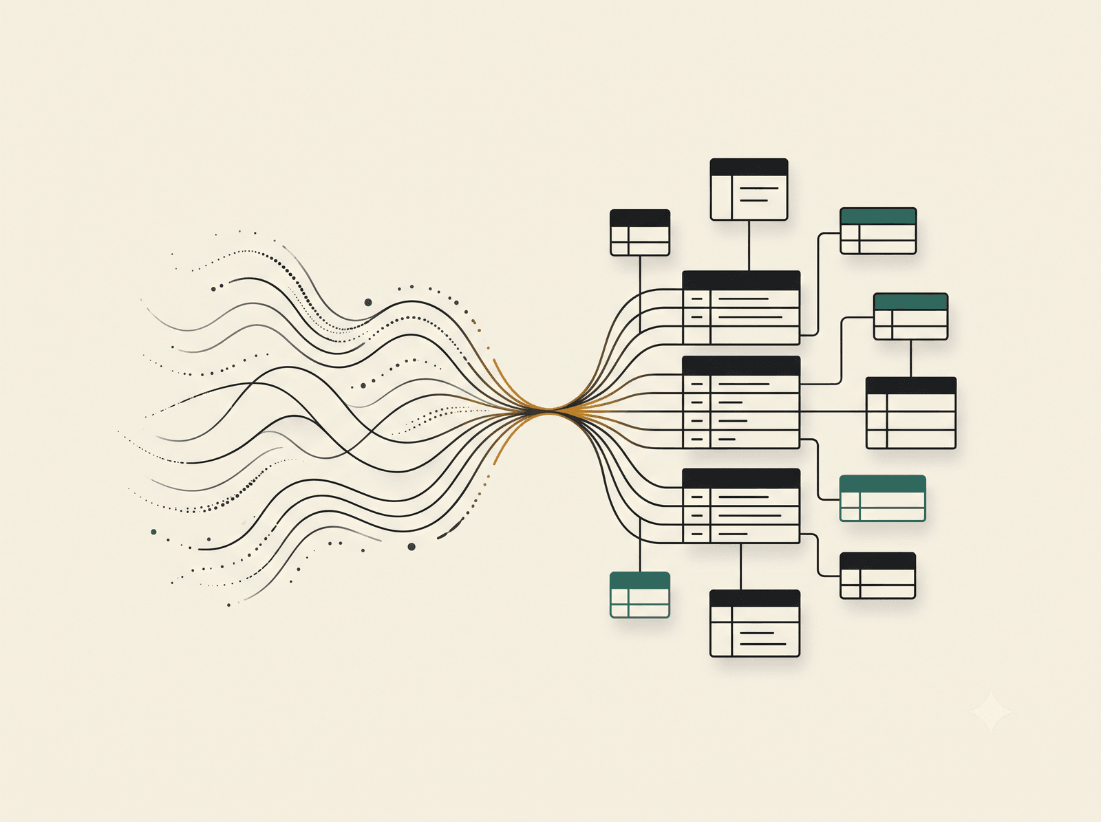 Abstract diagram of natural-language queries resolving into relational database schema
