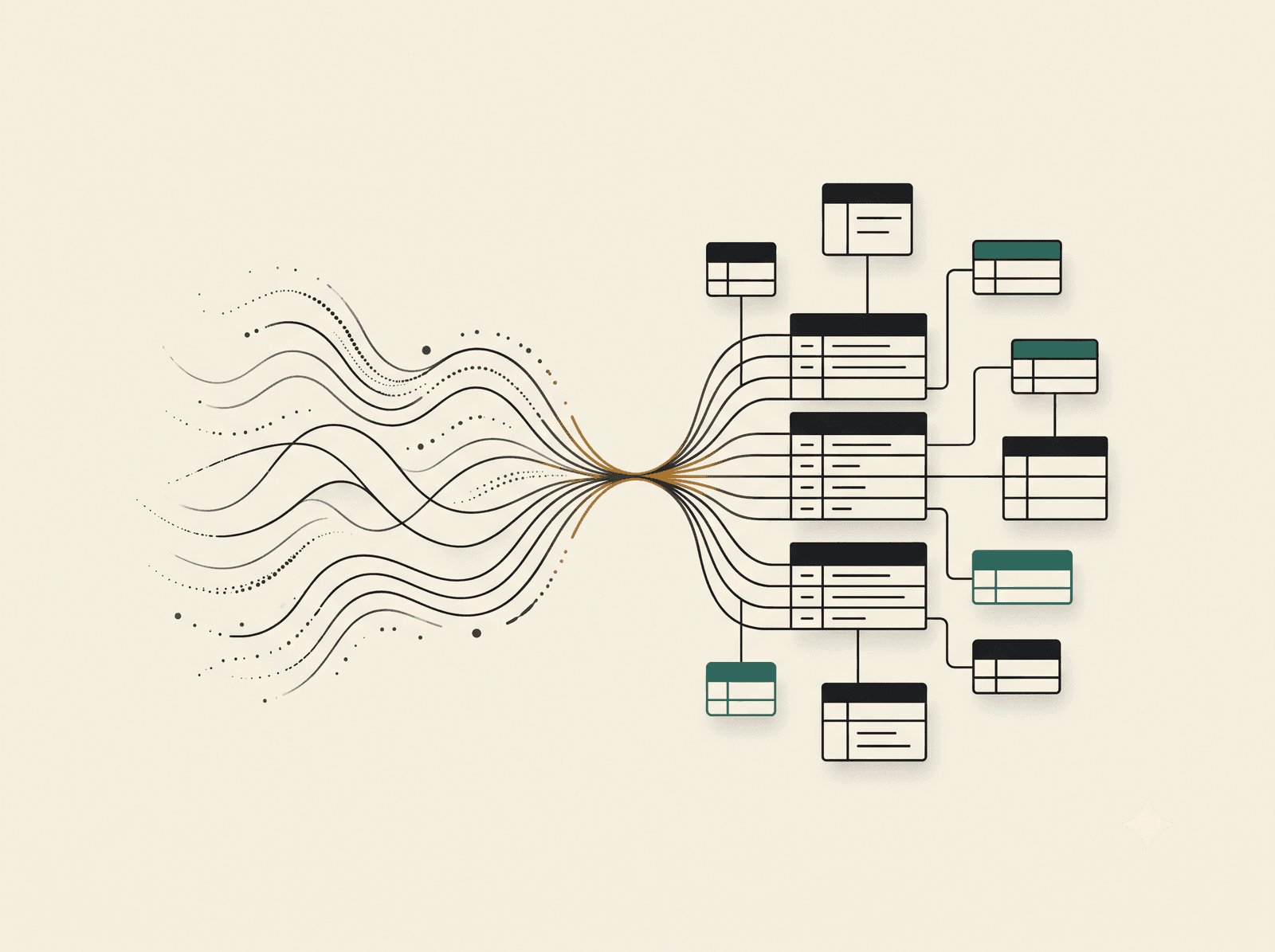 Abstract diagram of natural-language queries resolving into relational database schema